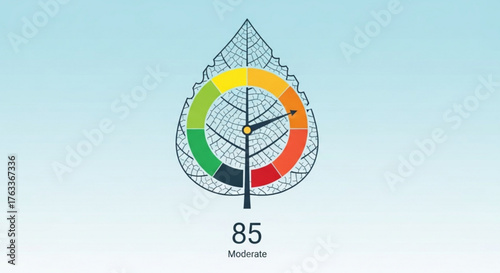 Air quality index meter showing moderate level leaf shaped gauge with needle pointing to 85, indicating moderate air quality