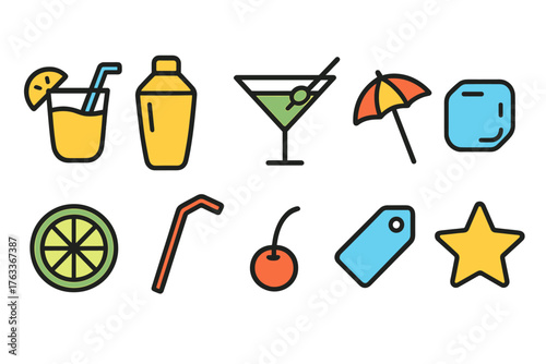 Cocktail, beverage flat icon set. Summer, drink icons flat collection for mixology