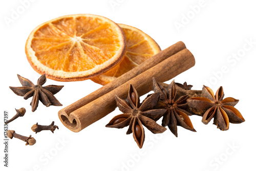 PNG image of Aromatic spices cinnamon sticks star anise and orange slices for christmas holiday season and winter drinks