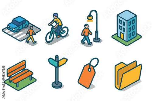 Urban transport and city life icon set. Flat biking, walking, urban elements collection.
