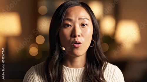 Asian Woman Talks During a Video Conference Indoors