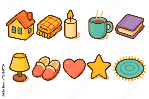 Cozy winter outline icon set. Warm home, comfort icons in outline style.