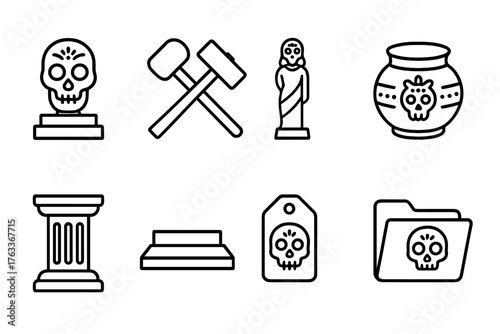 Day of the dead outline icon set features symbols of mexican cultural heritage