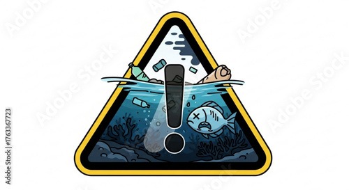 Warning sign of water pollution with plastic waste and dead fish environmental issue concept illustration