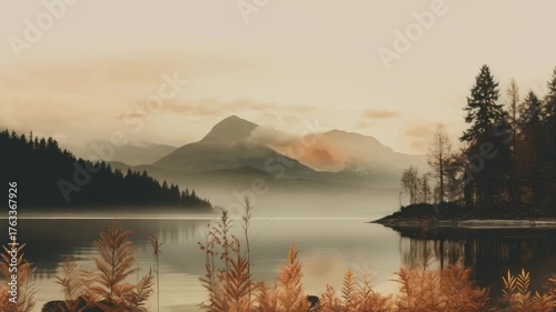 Wallpaper Mural Serene lake with mountains and autumn foliage, showcasing a peaceful natural landscape, digital nature animation Torontodigital.ca