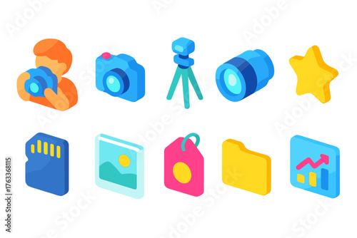 Photography equipment 3d icon set. Camera, lens, and tripod 3d illustrations.