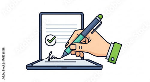 A hand signing a contract on a tablet with a checkmark, digital agreement and approval illustration