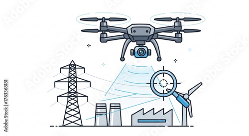 Illustration of drone inspecting industrial infrastructure, representing technology and environmental monitoring