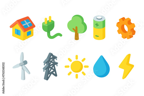 Energy, environment flat icon set. Renewable resources, sustainable power icons collection