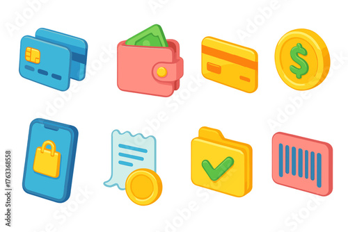 Finance and shopping icon set. Isometric icons for wallet, cards, and transactions