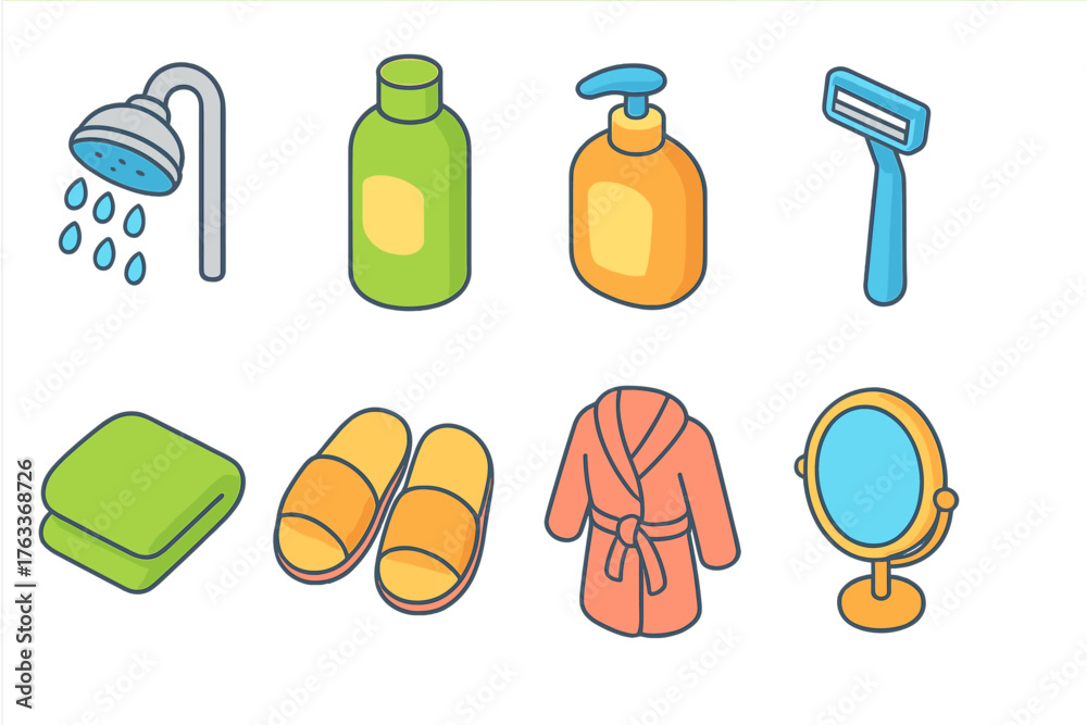 Fototapeta premium Bath and grooming flat icon set. Bathroom essentials and hygiene tools flat collection.