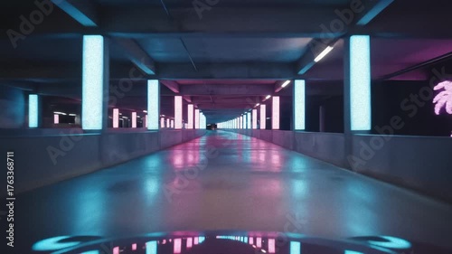 Car Driving Through Neon Lit Parking Garage at Night