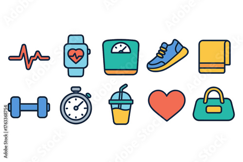 Fitness and healthy lifestyle icon set. Flat icons for exercise and wellness.