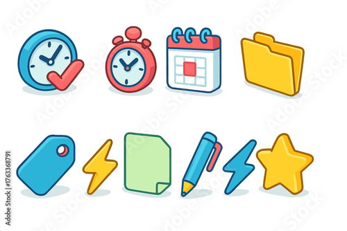Office supplies cartoon icon set. Stationery, productivity tools icons, fun flat style