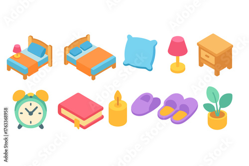 Home, bedroom 3d icon set: beds, lamps, slippers, clock, pillow, nightstand icons