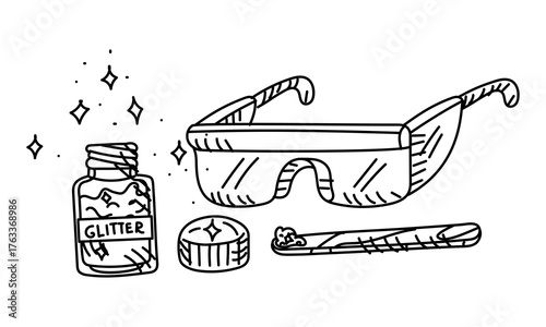 Safety glasses, glitter jar, handful on stick in doodle. DIY, manufacturing. Soap making. Working loose substances. Flat, graphic illustration. Creative work. For projects, workshops, product