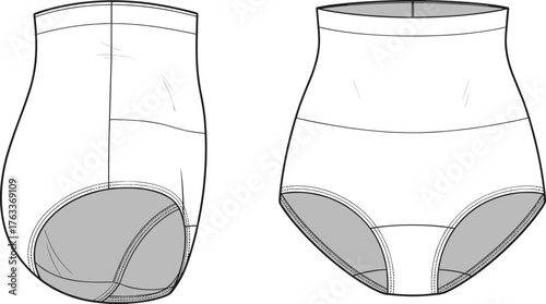 High waist panties technical flat, CAD vector illustration showing front and back view, seamless underwear fashion design, lingerie template drawing