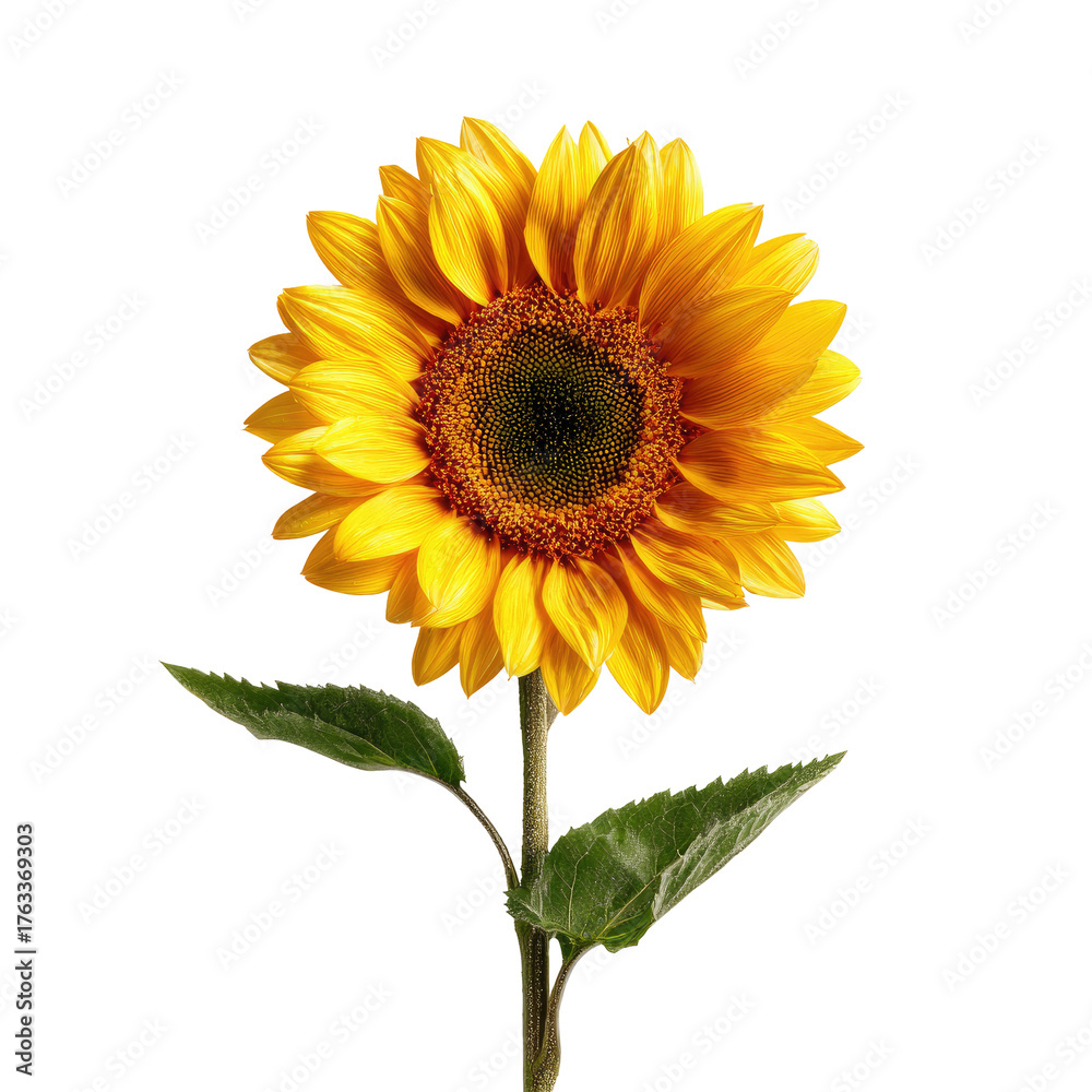 Obraz premium Radiant sunflower blooms, golden petals embracing a dark center, stem and vibrant green leaves on a stark black background