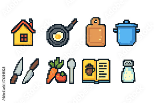 Kitchen, cooking pixel art icon set. Culinary, house icons in outline style.