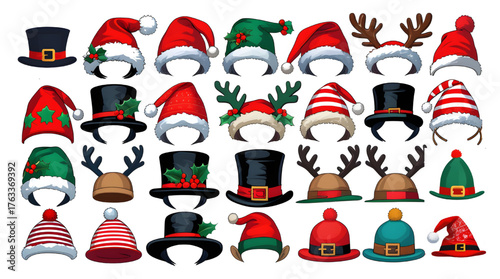 Christmas Hats and Accessories Vector Set Featuring Santa Hats, Elf Hats, and Reindeer Headbands for Holiday Design Projects