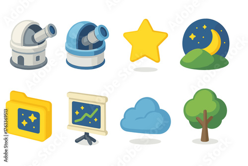 Astronomy and nature flat icon set. Celestial, nature, and science icons collection