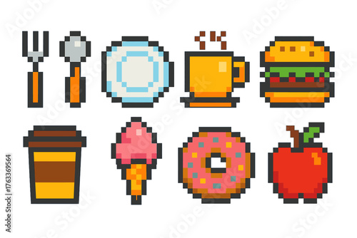 Food and drink icon set. Retro pixel art, culinary and beverage flat icons collection