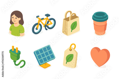 Eco-friendly lifestyle icon set for sustainable living in flat style
