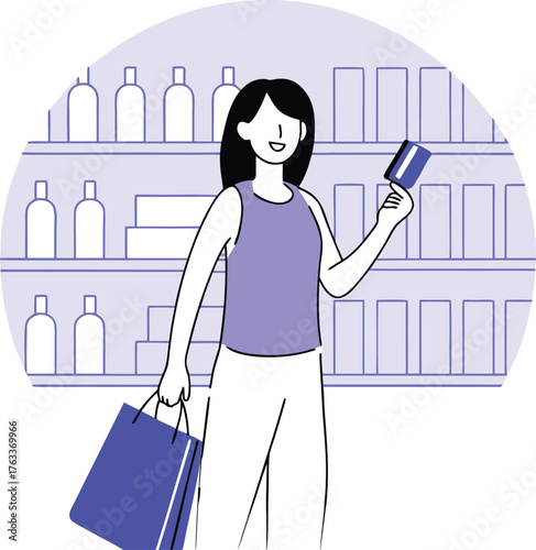 Woman holding a credit card and shopping bag in a store aisle with shelves in the background illustration