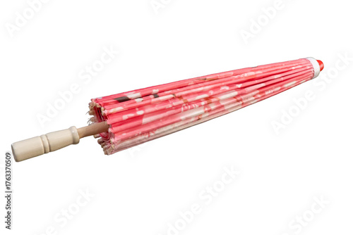 Canvas Print Closed japanese pink paper umbrella with floral pattern on a transparent backgro