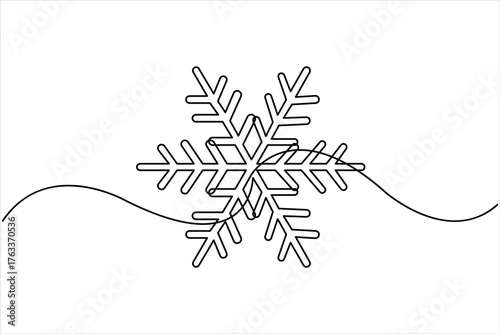 Christmas snowflake one line art. Continuous single line art drawing of new year, freezing, holidays, Christmas, traditional, snow, blizzard, snowy, winter doodle vector illustration