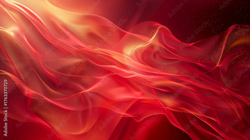 Obraz premium Surreal red banner with abstract fluid shapes, golden mist, and cinematic depth. A dreamlike background blending elegance, mystery, and artistic sophistication.