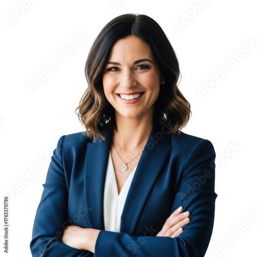 Professional woman in a dark blue suit smiling with arms crossed isolated on transparent background