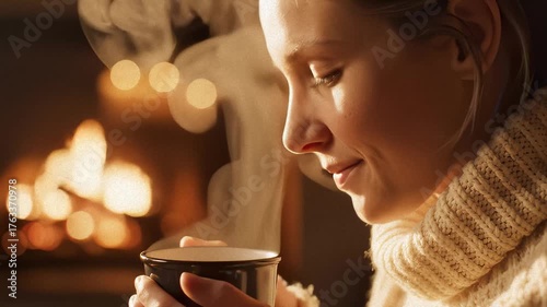 Smiling Woman Enjoys Hot Drink by Fireplace on Cozy Winter Evening