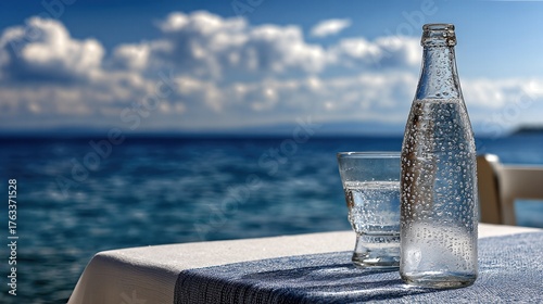 Refreshing Sparkling Water on a Seaside Table With Beautiful Ocean View