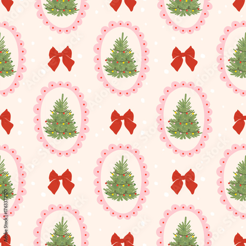 Christmas seamless pattern with Christmas trees in pink frames. Cute vintage Xmas print. Retro coquette holiday design for wrapping paper, fabric, textile, wallpaper.