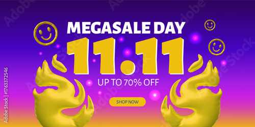 Megasale day 11.11 special offer 3D cartoon vector banner marketing design, smiley emoji and fire from inflated balloon