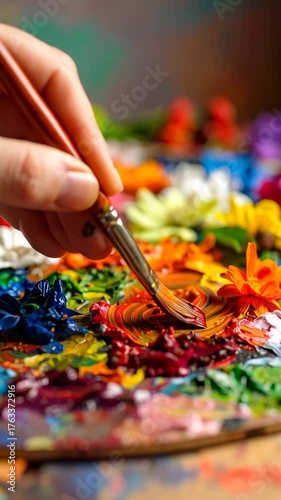 Close up of artist's hand mixing vibrant red paint with brush on a colorful palette with flowers, creative expression.