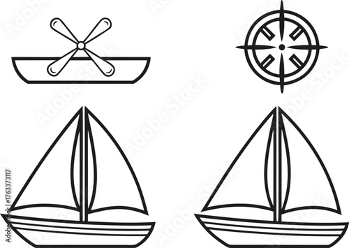 Boat Set Illustration Design. Sailing Boat Collection Artwork. Nautical Boat Outline Design. Marine Ship and Boat Set. Ocean Boat Illustration Pack. Sea Travel Boat Collection. Fishing and Sail Boat