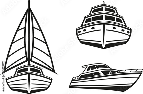 Boat Set Illustration Design. Sailing Boat Collection Artwork. Nautical Boat Outline Design. Marine Ship and Boat Set. Ocean Boat Illustration Pack. Sea Travel Boat Collection. Fishing and Sail Boat