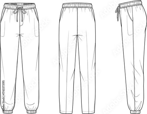 Sweatpants front back and side flat sketch, jogger pants technical fashion CAD drawing, apparel vector illustration for clothing design template