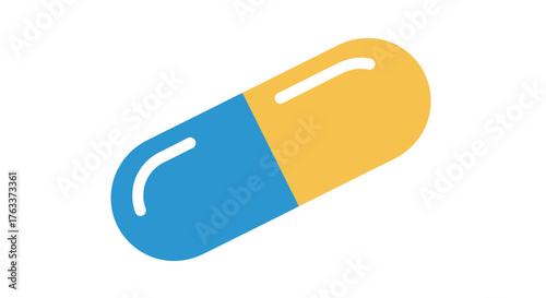 Blue and yellow capsule on white background medical concept.