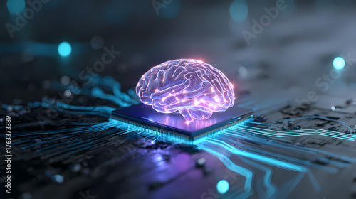 A glowing brain rests atop a computer chip, symbolizing artificial intelligence and technological advancement. The image evokes futuristic concepts.