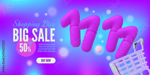 Big sale 11.11 special offer, Shopping day, 3D cartoon vector marketing design social media and website, shopping cart