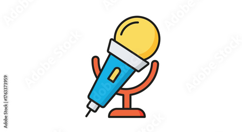 Colorful cartoon microphone icon on a stand.