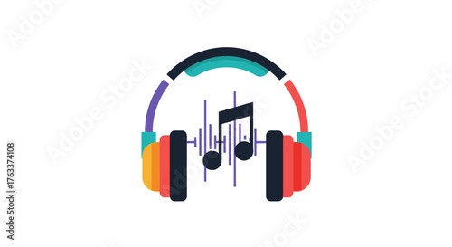 Colorful Headphones with Music Notes and Sound Waves Illustration.