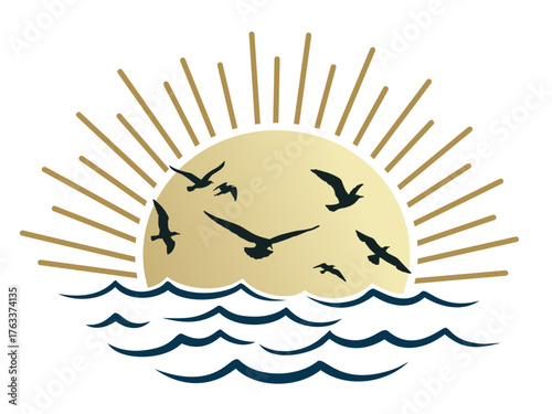 The seascape with a flock of birds.
