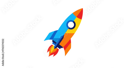 Colorful rocket ship soaring through the sky representing innovation and progress.