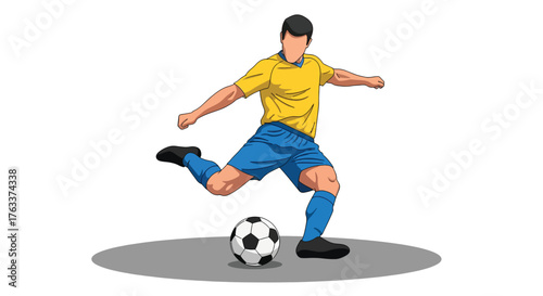 Athletic male soccer player in yellow shirt kicking a black and white ball.
