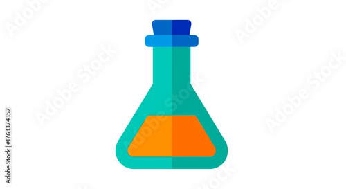 Colorful science laboratory flask with orange liquid icon.