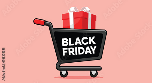 Black Friday shopping cart filled with a red gift box and white ribbon.